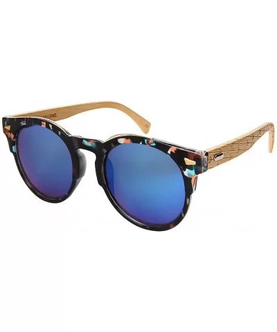 Retro Horned Rim Round Bamboo Sunglasses Wood Women Mirrored Lens 3311BML-REV - Blue-pink Tortoise - CJ182IMN48Y $11.42 Round