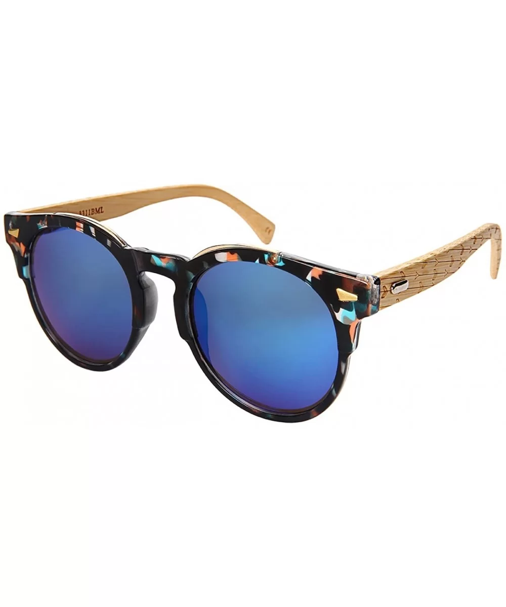 Retro Horned Rim Round Bamboo Sunglasses Wood Women Mirrored Lens 3311BML-REV - Blue-pink Tortoise - CJ182IMN48Y $11.42 Round