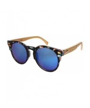 Retro Horned Rim Round Bamboo Sunglasses Wood Women Mirrored Lens 3311BML-REV - Blue-pink Tortoise - CJ182IMN48Y $11.42 Round