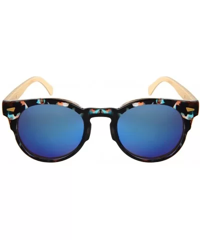 Retro Horned Rim Round Bamboo Sunglasses Wood Women Mirrored Lens 3311BML-REV - Blue-pink Tortoise - CJ182IMN48Y $11.42 Round