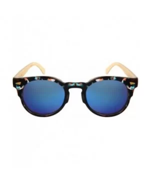 Retro Horned Rim Round Bamboo Sunglasses Wood Women Mirrored Lens 3311BML-REV - Blue-pink Tortoise - CJ182IMN48Y $11.42 Round