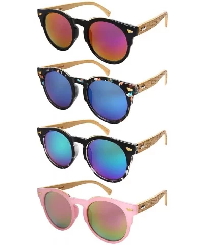 Retro Horned Rim Round Bamboo Sunglasses Wood Women Mirrored Lens 3311BML-REV - Blue-pink Tortoise - CJ182IMN48Y $11.42 Round