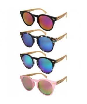 Retro Horned Rim Round Bamboo Sunglasses Wood Women Mirrored Lens 3311BML-REV - Blue-pink Tortoise - CJ182IMN48Y $11.42 Round