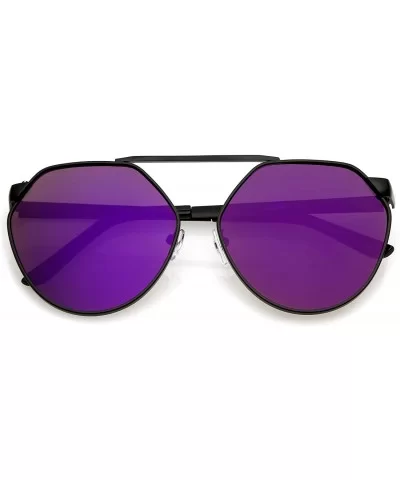 Oversize Geometric Metal Colored Mirror Flat Lens Aviator Sunglasses 60mm - Black / Purple Mirror - C2183NQAZ5C $8.07 Oversized