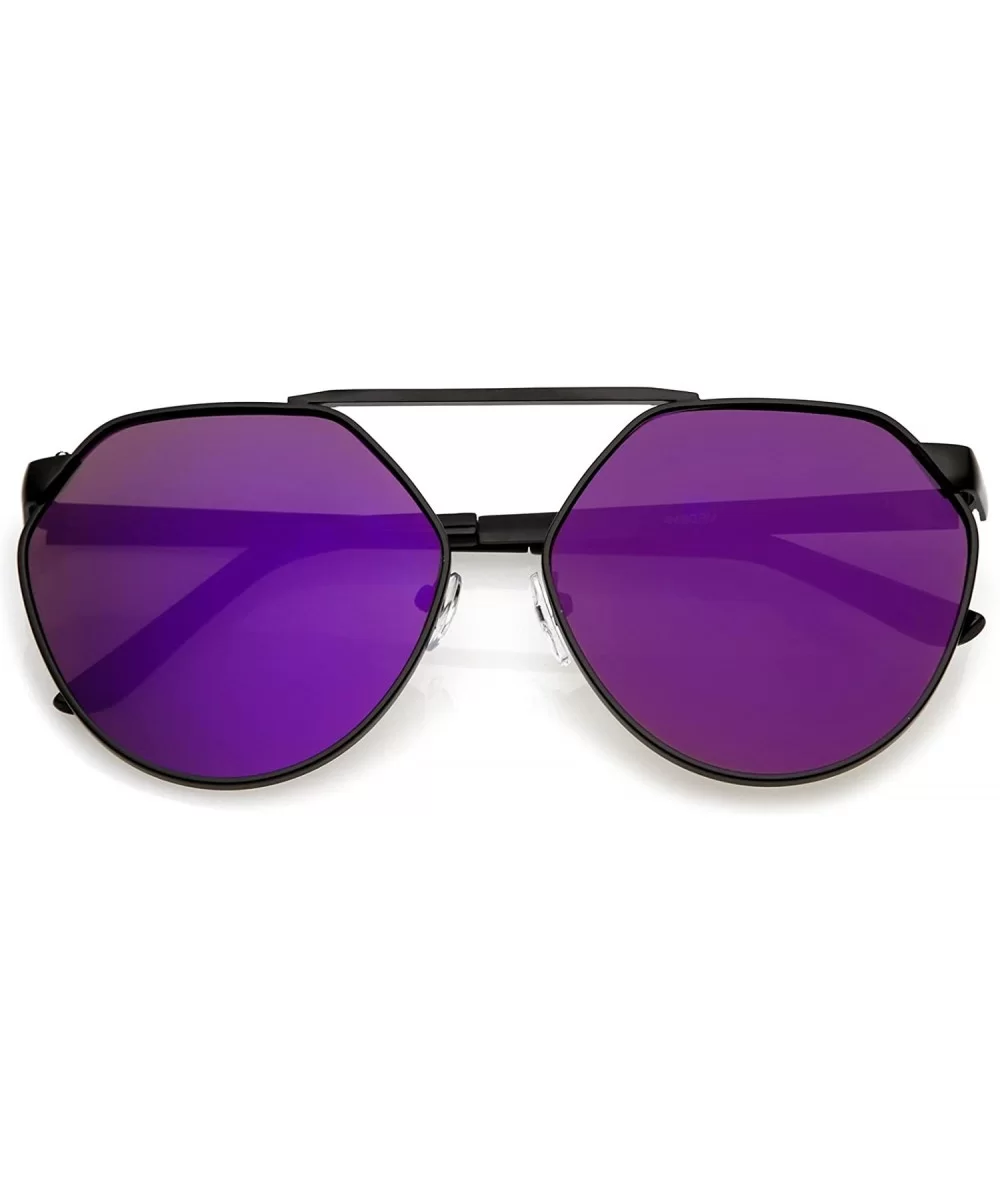 Oversize Geometric Metal Colored Mirror Flat Lens Aviator Sunglasses 60mm - Black / Purple Mirror - C2183NQAZ5C $8.07 Oversized