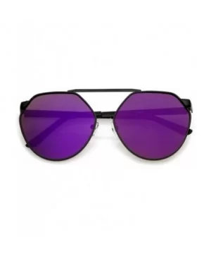 Oversize Geometric Metal Colored Mirror Flat Lens Aviator Sunglasses 60mm - Black / Purple Mirror - C2183NQAZ5C $8.07 Oversized