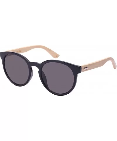 Round Horned Rim Wooden Bamboo Temple Sunglasses by 32052BM-SD - Black - C3124QW605N $9.13 Round