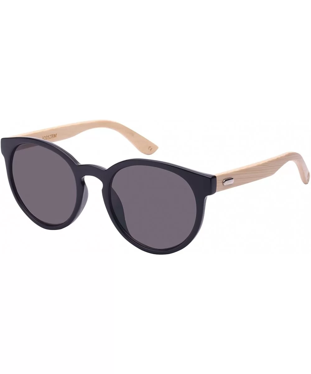 Round Horned Rim Wooden Bamboo Temple Sunglasses by 32052BM-SD - Black - C3124QW605N $9.13 Round