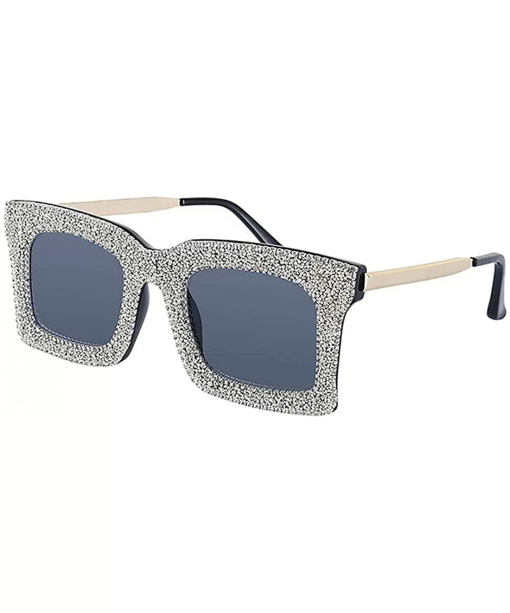 Oversized Square Frame Bling Rhinestone Crystal Sunglasses For Women - Silver - CW1939TN4DT $15.45 Cat Eye