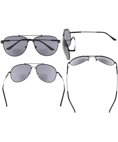 Large Bifocal Sunglasses Polit Style Sunshine Readers with Bendable Memory Bridge and Arm - Black Frame Grey Lens - C518036H4...