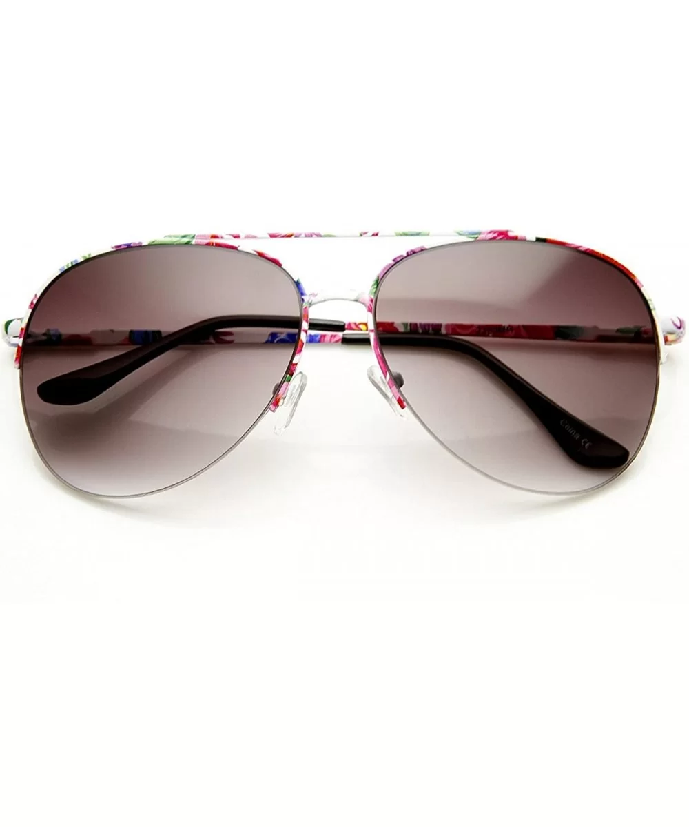 Large Colorful Floral Print Semi-Rimless Metal Aviator Sunglasses - Floral Lavender - C811V1ZNLER $8.38 Rimless