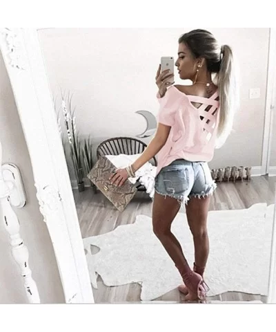 Womens Blouse Casual Short Sleeve Cut Hollow Out Back Loose Pullover Criss Cross Backless Sweater Shirt Top - CE18TM0OU6U $8....