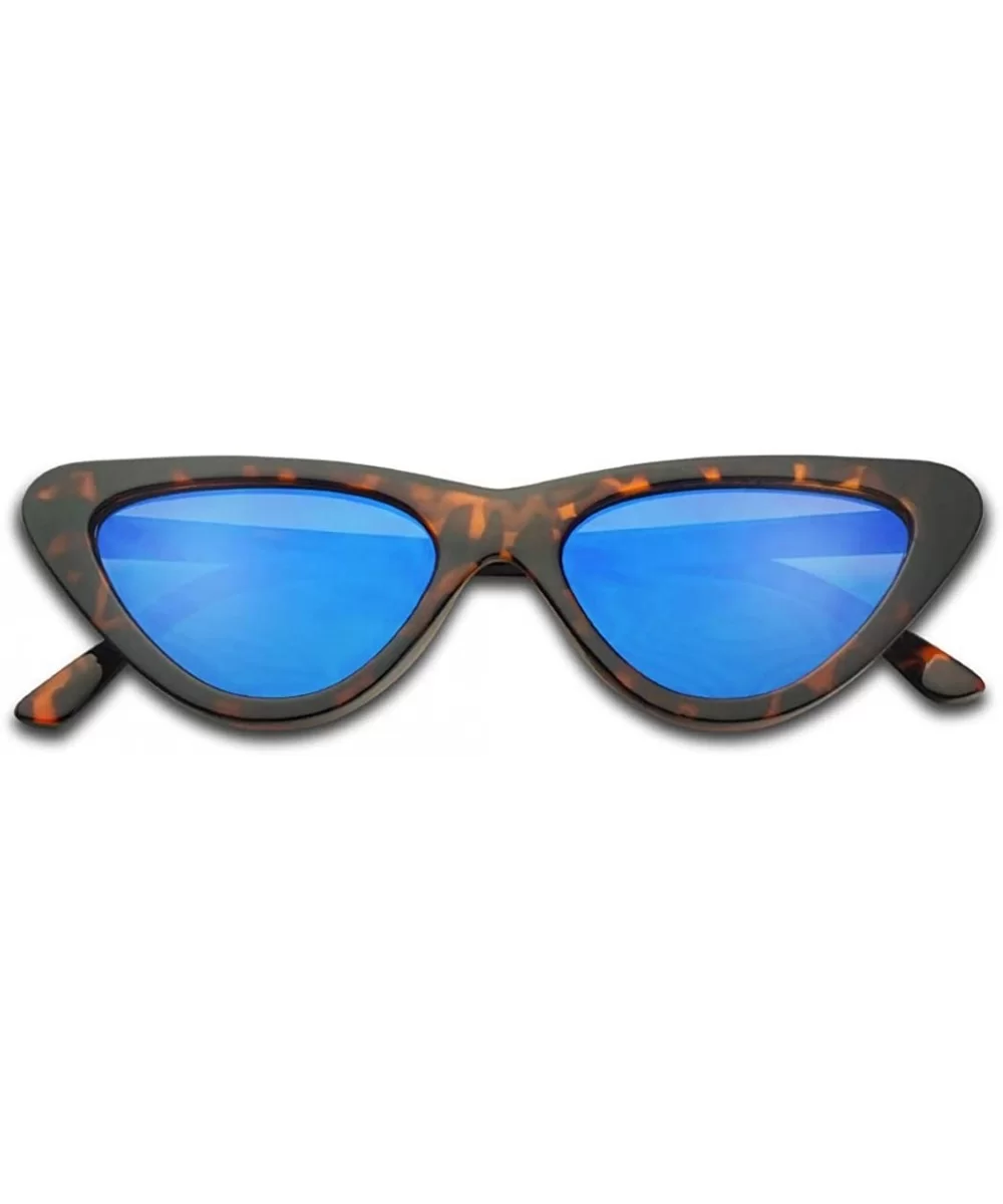 Slim 1990's Streamlined Narrow Flat Lens Cat Eye Mirrored Sunglasses - Tortoise Frame - Blue - CV189WH8ZWL $8.51 Oval