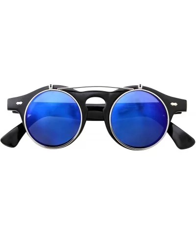 Flip Up Round Punk Sunglasses Steampunk Circle Retro - Black Silver Frame - Blue Mirror Lens - CT18E7ZL78L $8.23 Round