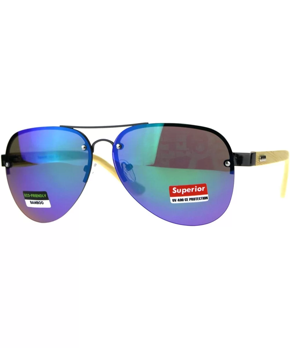 Real Bamboo Wood Temple Sunglasses Half Rim Aviators Unisex UV 400 - Gunmetal (Teal Mirror) - C318DT0O83A $8.40 Aviator