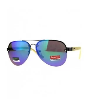 Real Bamboo Wood Temple Sunglasses Half Rim Aviators Unisex UV 400 - Gunmetal (Teal Mirror) - C318DT0O83A $8.40 Aviator