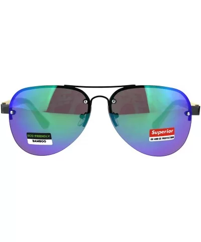 Real Bamboo Wood Temple Sunglasses Half Rim Aviators Unisex UV 400 - Gunmetal (Teal Mirror) - C318DT0O83A $8.40 Aviator