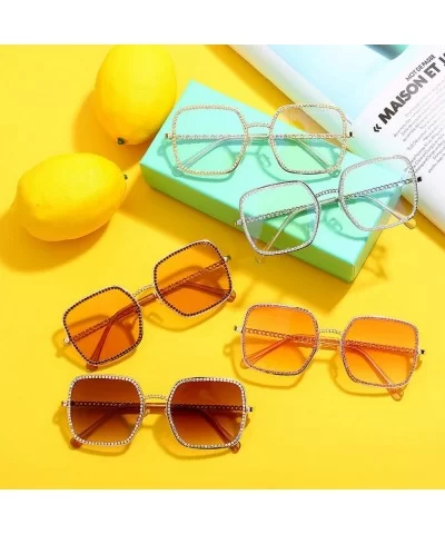 Square Flat Light Diamond Sunglasses Women Luxury Crystal Clear Eyeglasses Vintage Big Frame Female Glasses - C7197A35MRT $29...