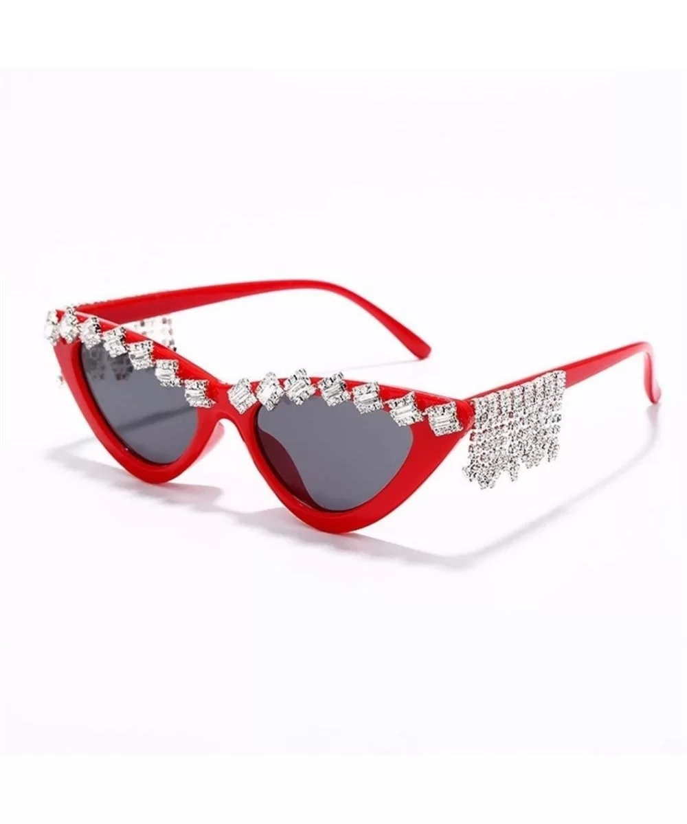 Vintage Sexy Red Women Tassel Diamond Sunglasses Luxury Designer Fashion Black Cat Eye Rhinestone Glasses - 2 Red - C2198GD3R...