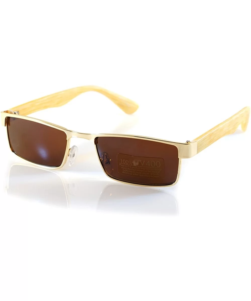 XSmall Metal Flat Top Wood Feel Temple Narrow Rectangle Sunglasses A192 - Gold Beige/ Brown Sd - CS18EHSU5Q5 $7.65 Rectangular