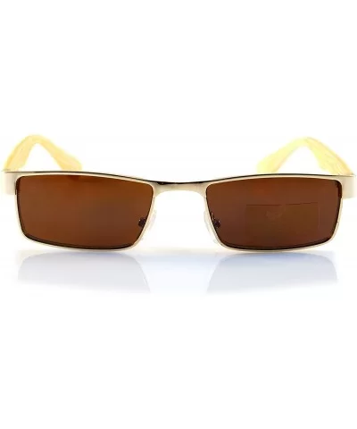 XSmall Metal Flat Top Wood Feel Temple Narrow Rectangle Sunglasses A192 - Gold Beige/ Brown Sd - CS18EHSU5Q5 $7.65 Rectangular