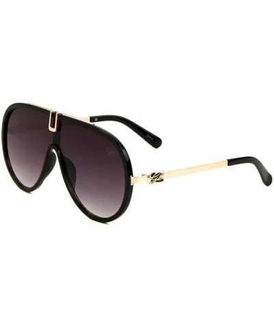 Glo Luxury One Piece Flat Lens Shield Aviator Sunglasses - Glossy Black & Gold Frame - C118X8M9G7H $6.42 Aviator