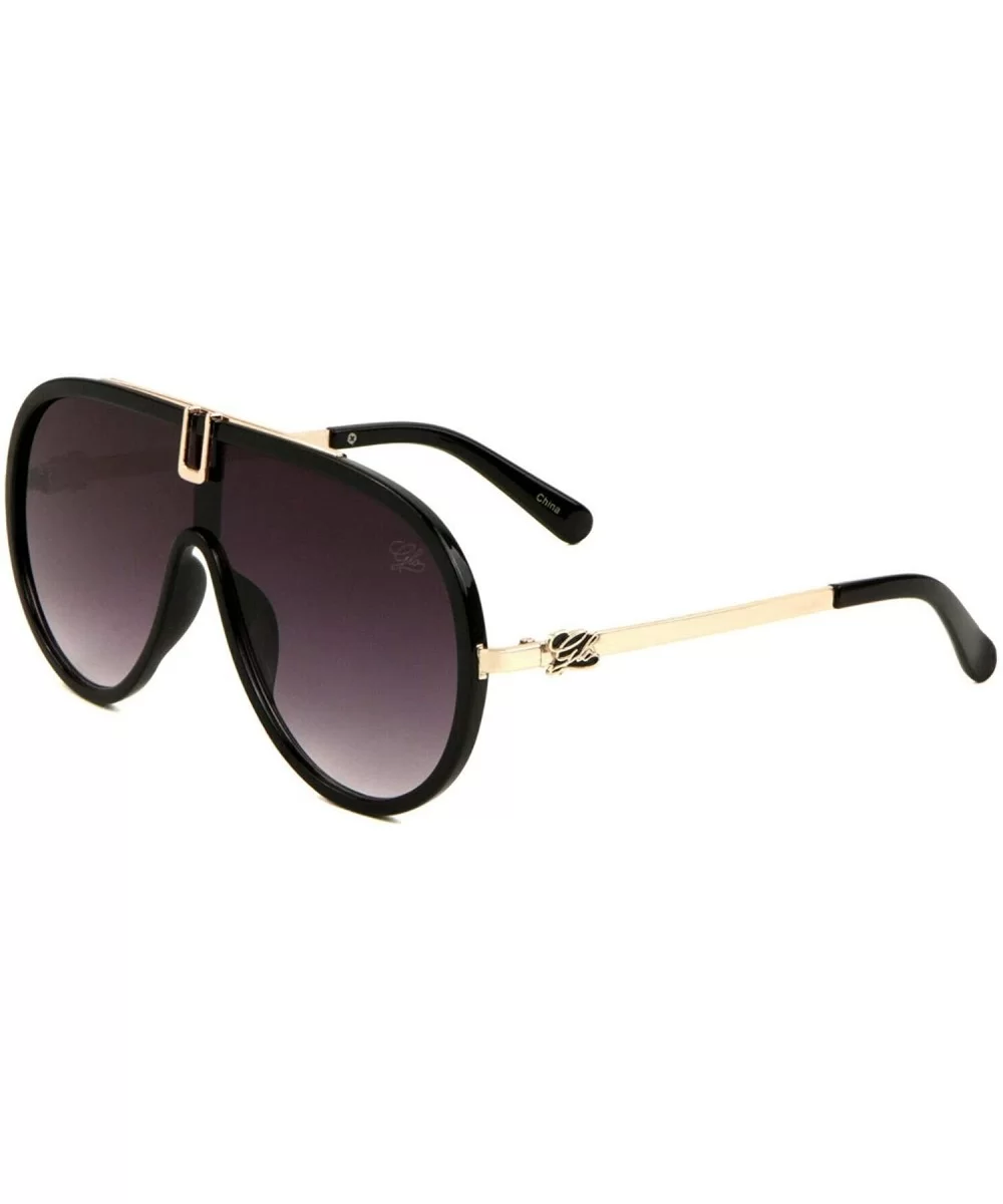 Glo Luxury One Piece Flat Lens Shield Aviator Sunglasses - Glossy Black & Gold Frame - C118X8M9G7H $6.42 Aviator