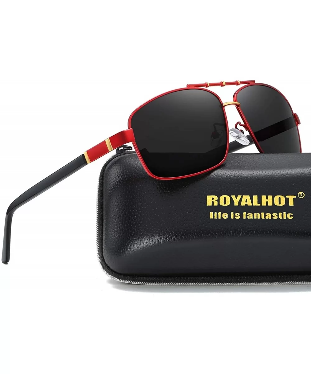 Men Square Sunglasses Polarized UV 400 Protection 60MM Fashion Shield Style Driving - Red Gold - CZ192GDN3NQ $8.99 Sport