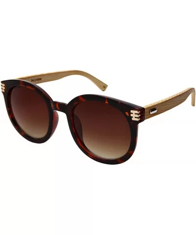 Retro Round Horned Rim Bamboo Sunglasses Wood Women Mirrored Lens 34124BM-REV - C018C4Q5QOY $8.37 Round