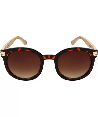 Retro Round Horned Rim Bamboo Sunglasses Wood Women Mirrored Lens 34124BM-REV - C018C4Q5QOY $8.37 Round