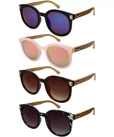 Retro Round Horned Rim Bamboo Sunglasses Wood Women Mirrored Lens 34124BM-REV - C018C4Q5QOY $8.37 Round