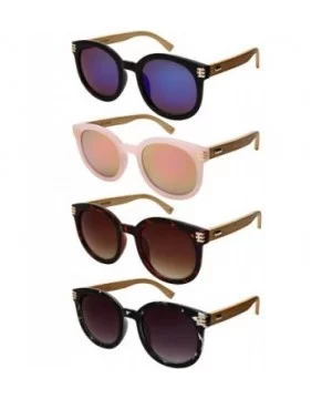 Retro Round Horned Rim Bamboo Sunglasses Wood Women Mirrored Lens 34124BM-REV - C018C4Q5QOY $8.37 Round