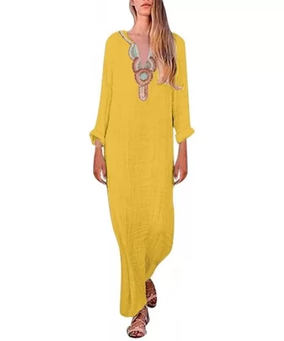 Women's Printed Long Sleeve V-Neck Maxi Dress Split Hem Baggy Kaftan Long Dress - Yellow - CR18TWO85E8 $15.20 Wrap