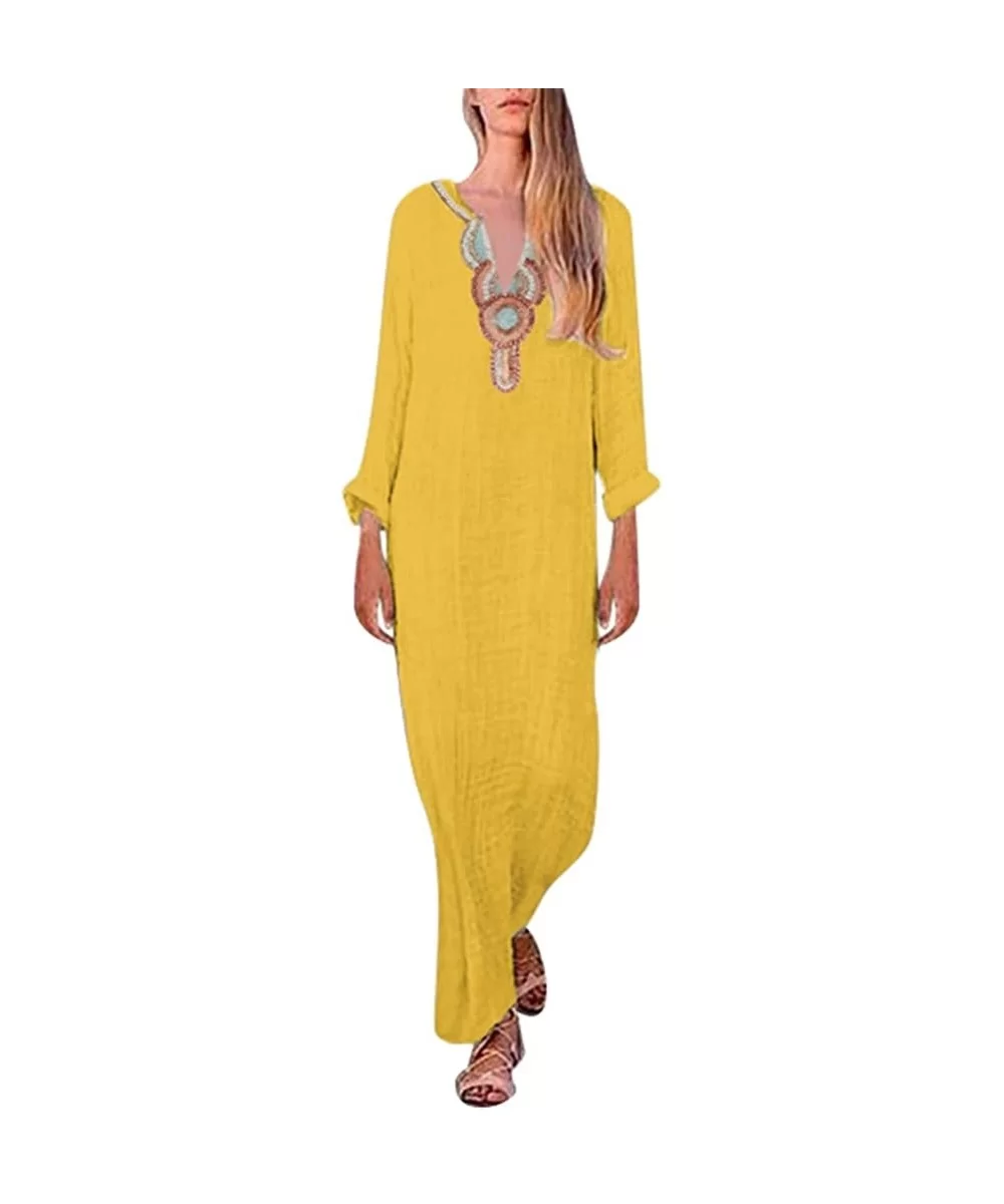 Women's Printed Long Sleeve V-Neck Maxi Dress Split Hem Baggy Kaftan Long Dress - Yellow - CR18TWO85E8 $15.20 Wrap