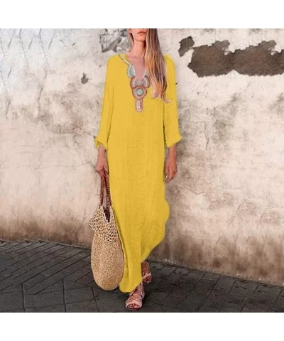 Women's Printed Long Sleeve V-Neck Maxi Dress Split Hem Baggy Kaftan Long Dress - Yellow - CR18TWO85E8 $15.20 Wrap