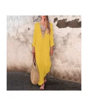 Women's Printed Long Sleeve V-Neck Maxi Dress Split Hem Baggy Kaftan Long Dress - Yellow - CR18TWO85E8 $15.20 Wrap