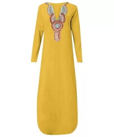 Women's Printed Long Sleeve V-Neck Maxi Dress Split Hem Baggy Kaftan Long Dress - Yellow - CR18TWO85E8 $15.20 Wrap