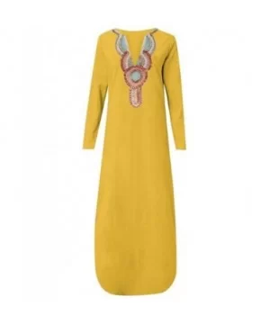 Women's Printed Long Sleeve V-Neck Maxi Dress Split Hem Baggy Kaftan Long Dress - Yellow - CR18TWO85E8 $15.20 Wrap