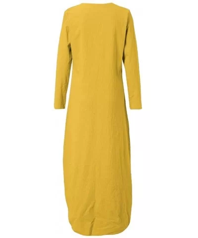 Women's Printed Long Sleeve V-Neck Maxi Dress Split Hem Baggy Kaftan Long Dress - Yellow - CR18TWO85E8 $15.20 Wrap