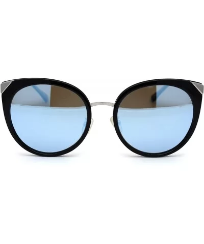 Womens Round Polarized Lens Cat Eye Horn Tip Sunglasses - Silver Black Blue Mirror - CA192RWLKEZ $10.18 Cat Eye