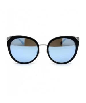 Womens Round Polarized Lens Cat Eye Horn Tip Sunglasses - Silver Black Blue Mirror - CA192RWLKEZ $10.18 Cat Eye