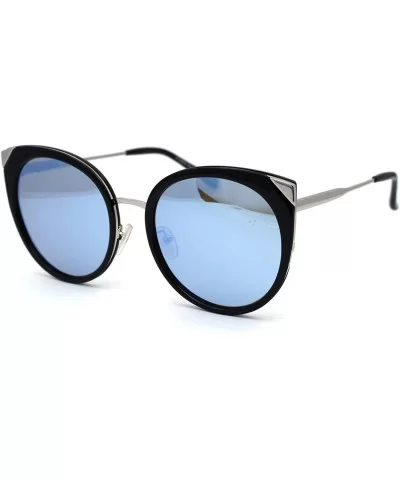 Womens Round Polarized Lens Cat Eye Horn Tip Sunglasses - Silver Black Blue Mirror - CA192RWLKEZ $10.18 Cat Eye