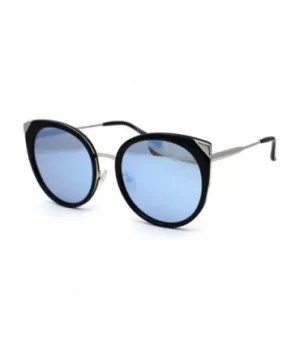 Womens Round Polarized Lens Cat Eye Horn Tip Sunglasses - Silver Black Blue Mirror - CA192RWLKEZ $10.18 Cat Eye