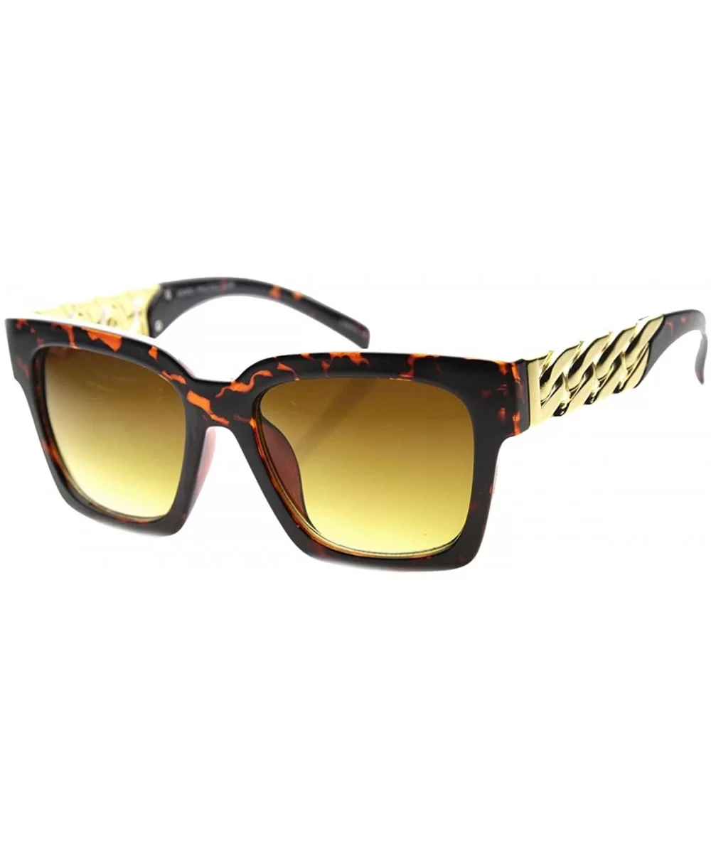 Fashion Metal Chain Arm Horn Rimmed Block Frame Sunglasses - Tortoise-gold Amber - CE11YLS9PV9 $8.38 Square