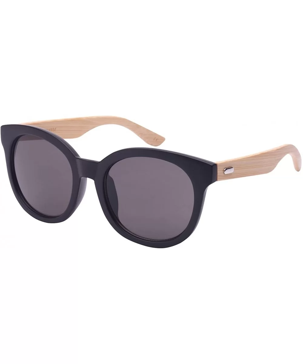 Round Horned Rim Wooden Bamboo Sunglasses w/Solid Lenses 31994BM-SD - Matte Black - C7124QU9X9F $12.76 Wayfarer