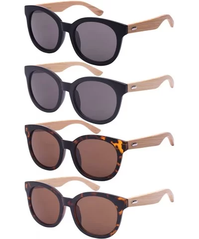 Round Horned Rim Wooden Bamboo Sunglasses w/Solid Lenses 31994BM-SD - Matte Black - C7124QU9X9F $12.76 Wayfarer