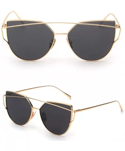 Sunglasses for Women Trendy Cat Eye Mirrored Twin-Beams Metal Frame Sun Glasses UV400 Protection Eyewear - Gold - CR18OZWYSGG...