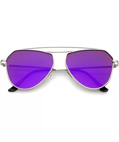 Modern Metal Frame Double Bridge Colored Mirror Flat Lens Aviator Sunglasses 52mm - Silver / Purple Mirror - CT12O3UMIW0 $8.6...