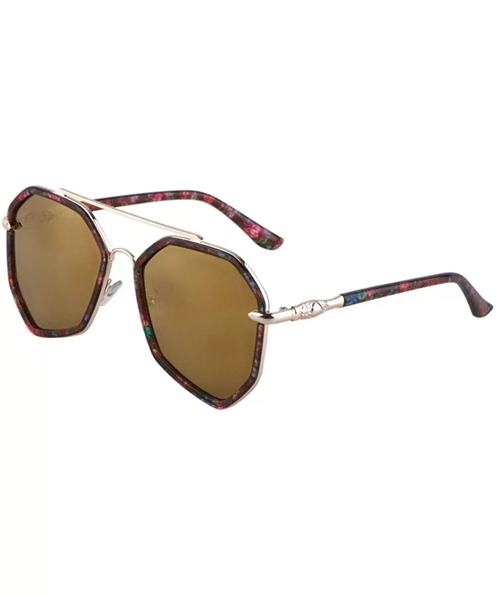 Color Mirror Flat Lens Flower Print Frame Geometric Aviator Sunglasses - Brown - CO190OHGI3M $12.80 Aviator