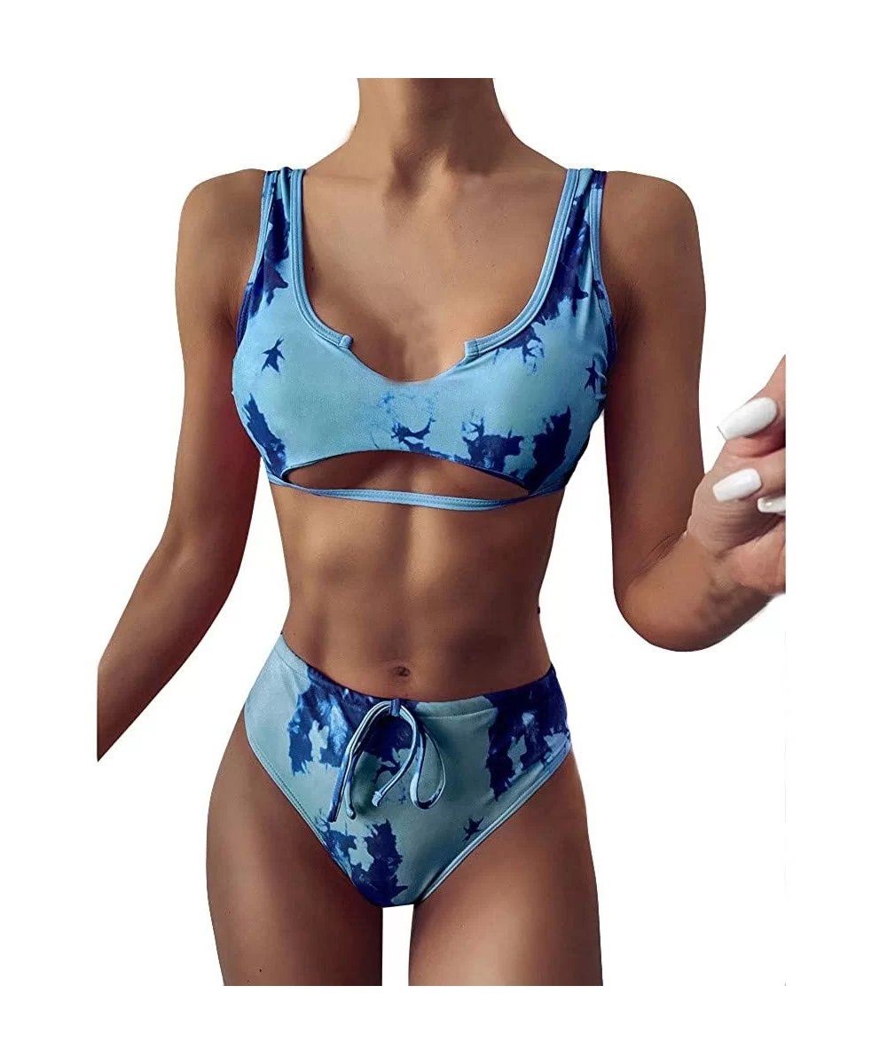 Womens Bikini High Waisted Tie Dye Tankini Bandeau Top de Sports Style Swimsuits Two Piece Swimwear - Blue - CI190E9D83S $12....